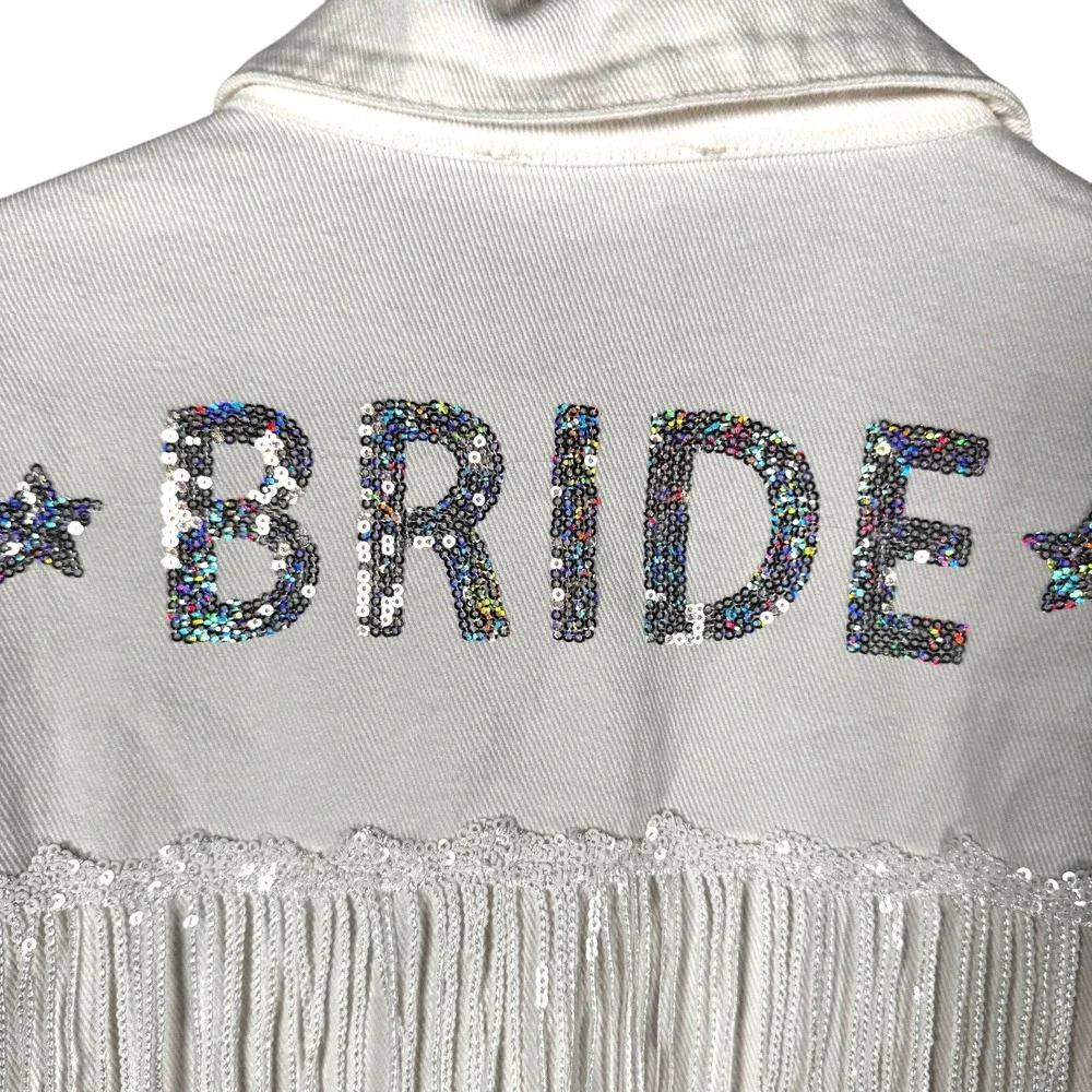 Peach Love California Bride Denim Jacket Womens L White Sequin Fringe Cropped - Picture 5 of 11